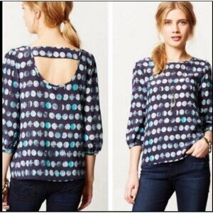 Anthropologie HD In Paris Moon Phase Silk Blouse XS Blue 100% Silk Top